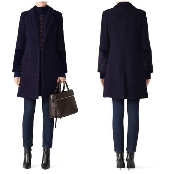 Hutch Tweed Faux-Fur Texture-Rich Wool-Blend Elaina Long Coat Navy Women's Small - Picture 1 of 10